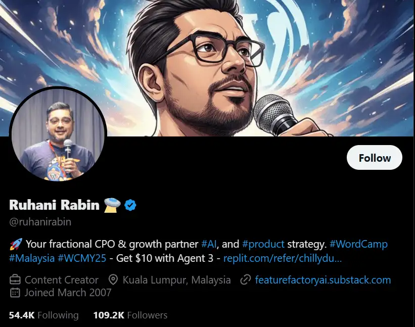 Ruhani Rabin's Twitter profile: AI growth partner, content creator in Kuala Lumpur. WordPress background image.