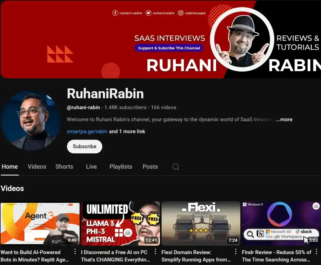 Ruhani Rabin's YouTube channel showcasing SaaS interviews, reviews, and tutorials. Subscribe for tech insights.
